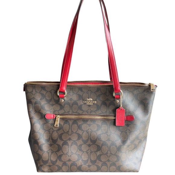 Coach Brown Signature Tote with Red Handles - Picture 3 of 9